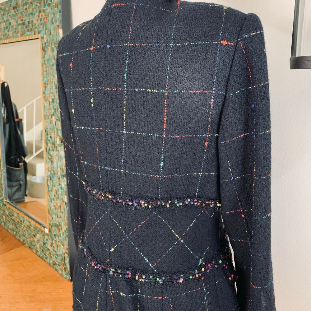 Vintage Rickie Freeman Size 8 Wool Tweed Blazer Jacket Black Colorful Fringe - Picture 10 of 13
